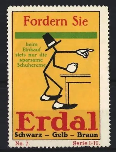 Reklamemarke Erdal, Schuhcreme, Figur zeigt über Tisch