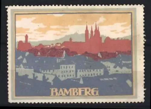 Reklamemarke Bamberg, Silhouette der Stadt in der Dämmerung