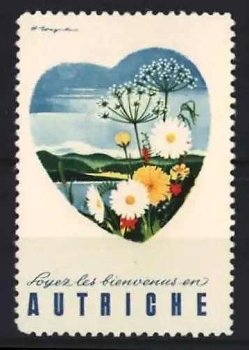 Reklamemarke Österreich, Soyez les bienvenus en Autriche, Blumenherz und Landschaft