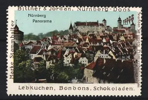 Reklamemarke Nürnberg, Bittner & Jordan, Lebkuchen und Schokoladen, Ortspanorama