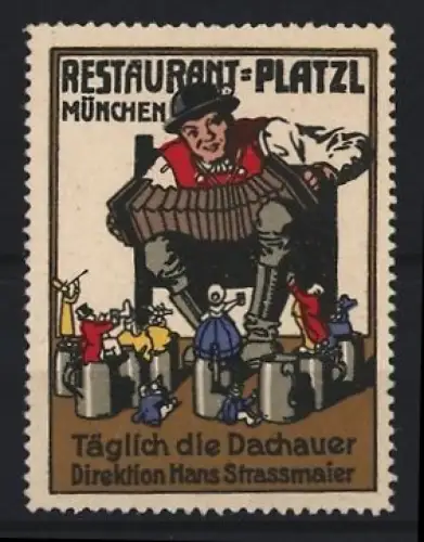 Reklamemarke München, Restaurant-Platzl, Akkordeonspieler mit Puppen
