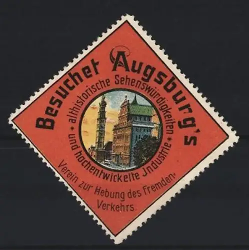 Reklamemarke Augsburg, Verein zur Hebung des Fremdenverkehrs, historische Ortsansicht