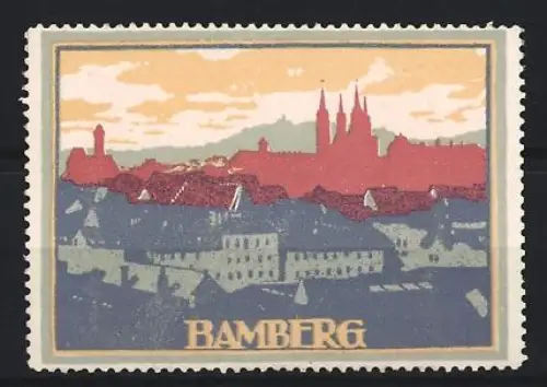 Reklamemarke Bamberg, Silhouette der Stadt, Skyline mit Türmen
