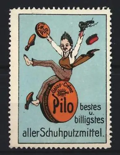Reklamemarke Pilo Galop-Creme, Schuhputzmittel, Mann auf einer Schuhputzdose