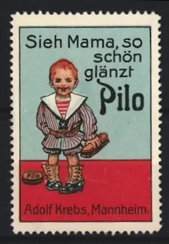 Reklamemarke Mannheim, Adolf Krebs, Schuhputzmittel, Kind mit Bürste und Schuhen