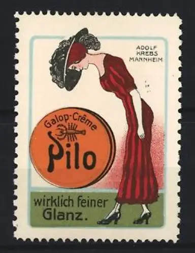 Reklamemarke Mannheim, Adolf Krebs, Galop-Crème Pilo, Schuhputzmittel, Frau in rotem Kleid