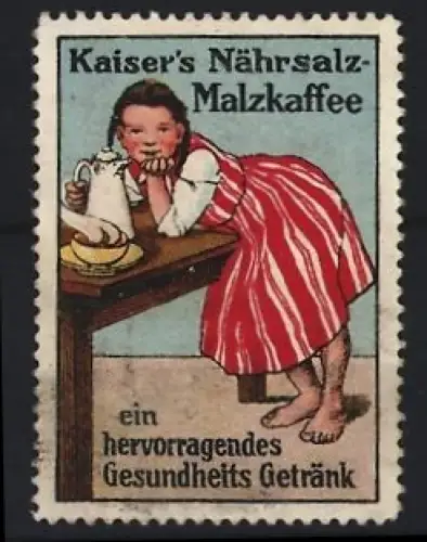 Reklamemarke Kaiser`s Nährsalz-Malzkaffee, Mädchen am Tisch