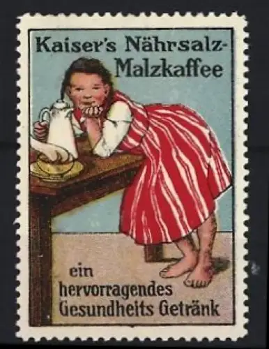 Reklamemarke Kaiser`s Nährsalz-Malzkaffee, Mädchen am Tisch