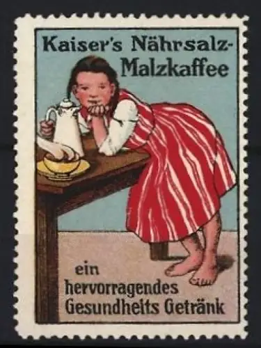 Reklamemarke Kaiser`s Nährsalz-Malzkaffee, Mädchen mit Kanne und Tasse