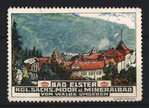 Reklamemarke Bad Elster, Kgl. Sächs. Moor u. Mineralbad, Gebäudeansicht