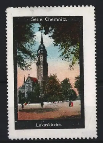 Reklamemarke Chemnitz, Lukaskirche, Kirchturm und Bäume im Vordergrund