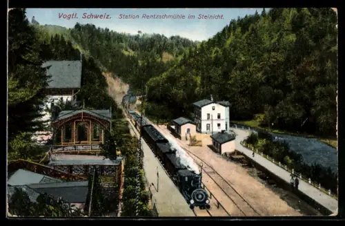 AK Rentzschmühle /Vogtl. Schweiz, Station Rentzschmühle im Steinicht, Eisenbahn, Bahnhofsgebäude