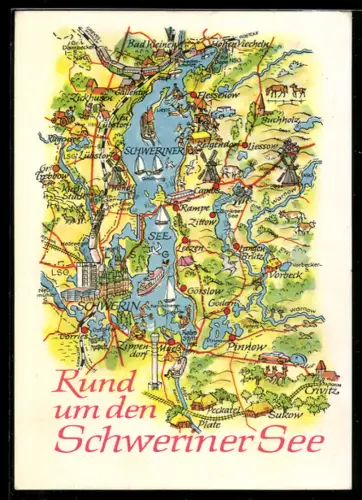 Künstler-AK Schwerin, Karte rund um den Schweriner See mit umliegenden Orten und Sehenswürdigkeiten
