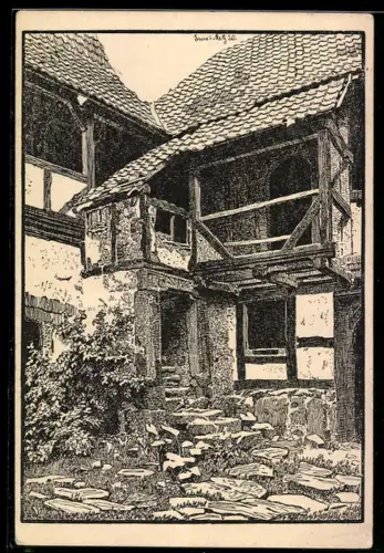 Künstler-AK Ludwigstein, Alter Winkel, Fachwerkhaus, Innenhof