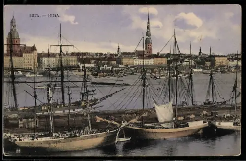 AK Riga, Hafenansicht mit Segelschiffen