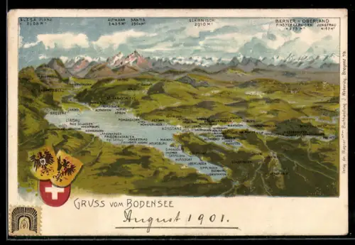 AK Konstanz, Panorama mit Alpen und Ortsbezeichnungen
