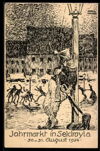 Künstler-AK Schaffhausen, Jahrmarkt in Seldwyla 1924, Soldat unter einer Strassenlaterne