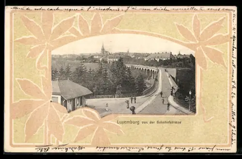 AK Luxemburg, Von der Bahnhofstrasse, Passepartout im Jugendstil