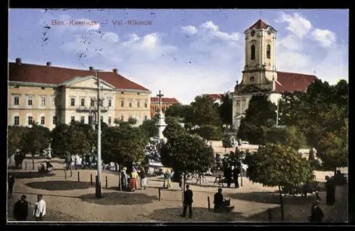 AK Vel-Kikinda, Marktplatz mit Kirche und Brunnen