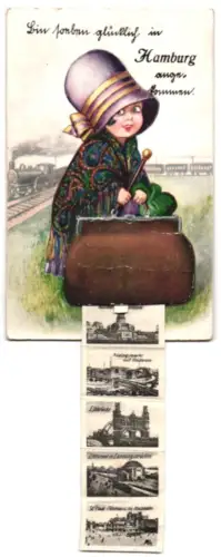 Leporello-AK Hamburg, Rathaus, Bismarck-Denkmal, Elbbrücke