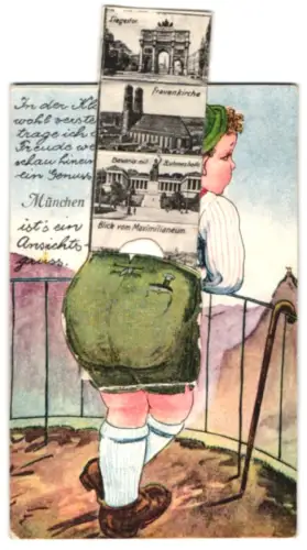 Leporello-AK München, Lederhose mit Ansichten von Siegestor, Frauenkirche, Karlstor, Nationaltheater und Rathaus