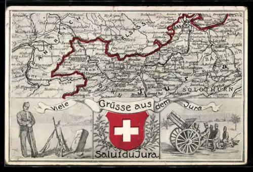 AK Laufen, Landkarte mit Jura und französischer Grenze, Wappen und Soldaten