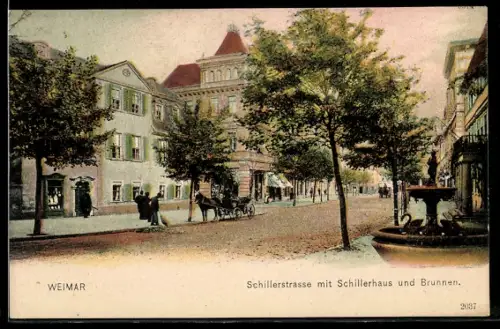 AK Weimar, Schillerstrasse, Schillerhaus, Brunnen, Kutschen