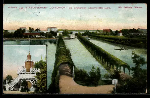 AK Spandau, Ortspanorama mit Schifffahrts-Kanal, Gasthaus Carlshof, Inh. Wilhelm Wiener, Pavillon, Panorama