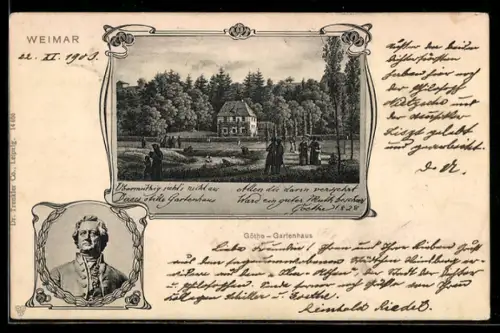 Künstler-AK Weimar, Goethe-Gartenhaus, Porträt Goethe