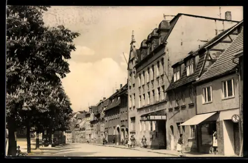 AK Triptis /Thür., Ernst-Thälmann-Strasse, Strassenzug mit Wohn- und Geschäftshäusern