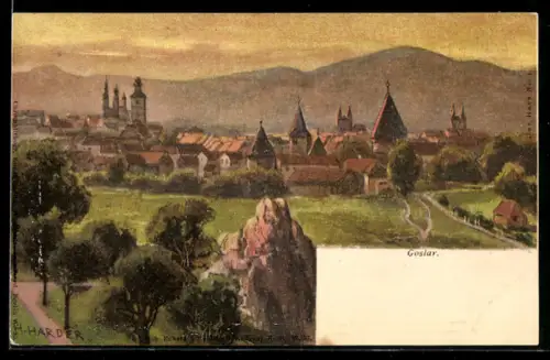 Lithographie Goslar, Stadtansicht mit Kirchen und Felsen