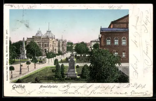 AK Gotha, Arnoldiplatz mit Strassenbahn