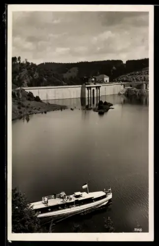 AK Hohndorf, Saaletalsperre, Blick von der Burgstelle Hohndorf, Fahrgastschiff auf dem Stautsee