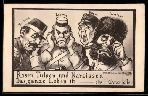 Künstler-AK Rosen, Tulpen und Narzissen, das ganze Leben..., Soldaten Frankreich Russlands & Belgiens weinend