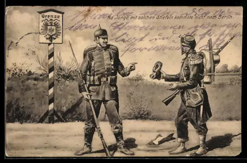 AK Zwei Soldaten unterhalten sich an der Grenze, Na Junge, mit solchen Stiefeln kommste nicht nach Berlin