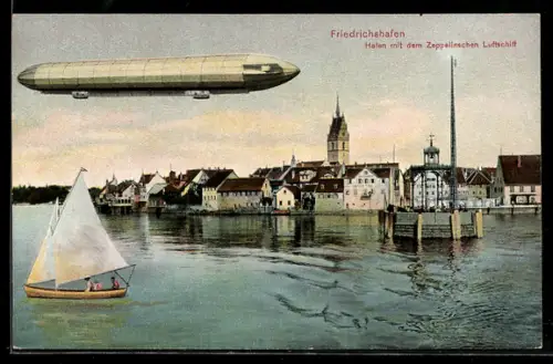 AK Friedrichshafen, Hafen mit dem Zeppelinschen Luftschiff, Segelboot