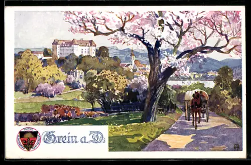 AK Deutscher Schulverein Nr.290: Grein a. D., Landstrasse mit Ortsansicht im Frühling, Pferdewagen