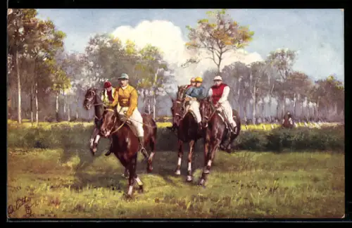 AK Jockeys springen mit ihren Pferden über ein Hindernis