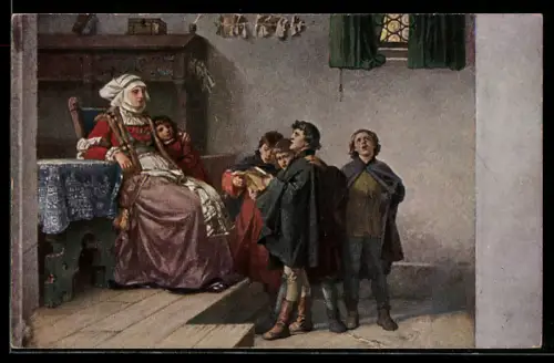 Künstler-AK Eisenach, Luther singt als Currende-Schüler bei Frau Cotta 1499