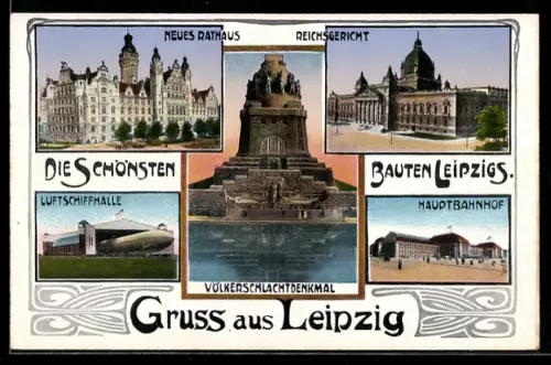 AK Leipzig, Luftschiffhalle mit Zeppelin, Völkerschlachtdenkmal, Reichsgericht