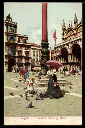 Lithographie Venezia, I colombi in Piazza S. Marco, Frau und Mädchen füttern Tauben auf dem Markusplatz