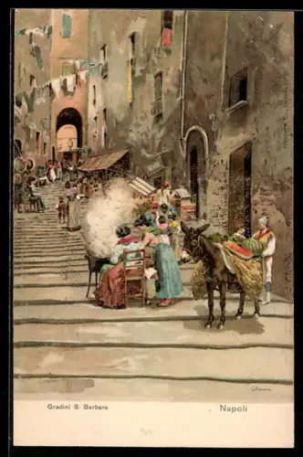 Lithographie Napoli, Strassenpartie mit Verkaufsständen und Esel
