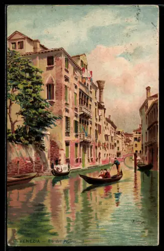 Künstler-Lithographie Venezia, Rio del Pestrin, Gondeln