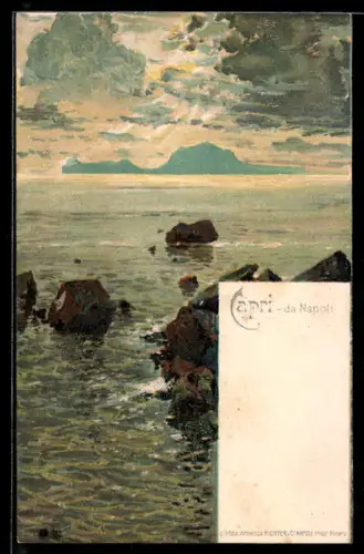 Lithographie Capri da Napoli, Meeresblick und Steinküste