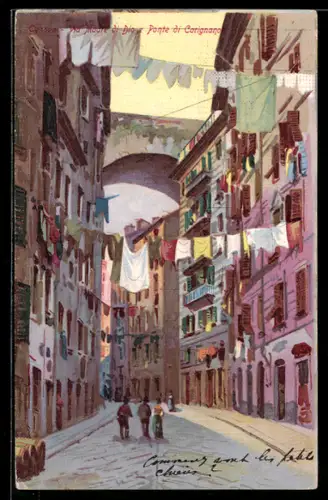 Künstler-AK Genova, Via Madre di Dio e Ponte di Carignano