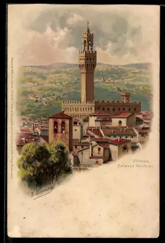 Lithographie Firenze, Palazzo Vechhio mit Umgebung