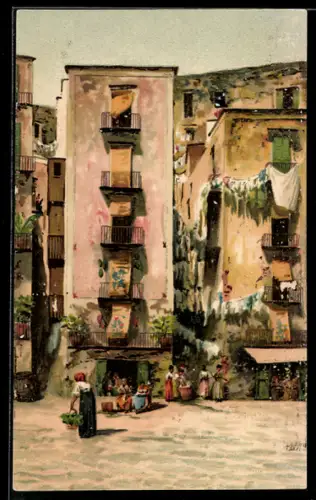 Lithographie Napoli / Neapel, Santa Lucia, Gebäude