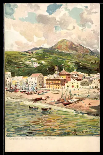 Lithographie Minori, Marina, Ansicht vom Küstenort an der Amalfi-Küste