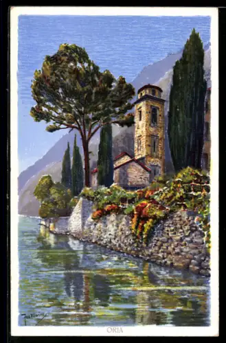 Künstler-AK Oria, Kirche am Ufer