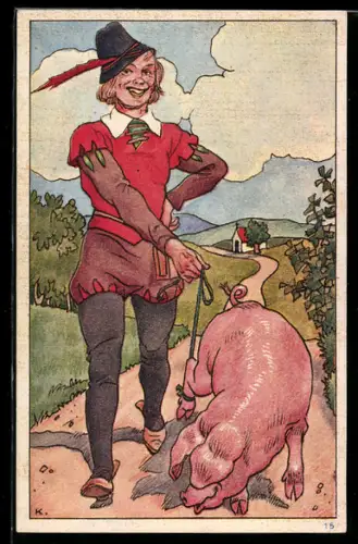 Künstler-AK Hans im Glück mit dem Schwein